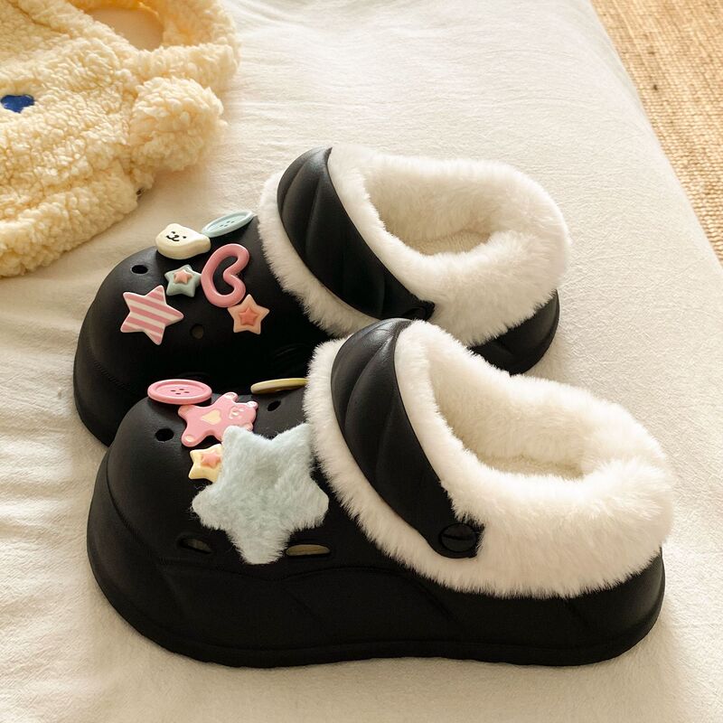 洞洞鞋女加绒冬季高级感可拆卸秋冬少女学生宿舍防滑防臭棉拖鞋|undefined