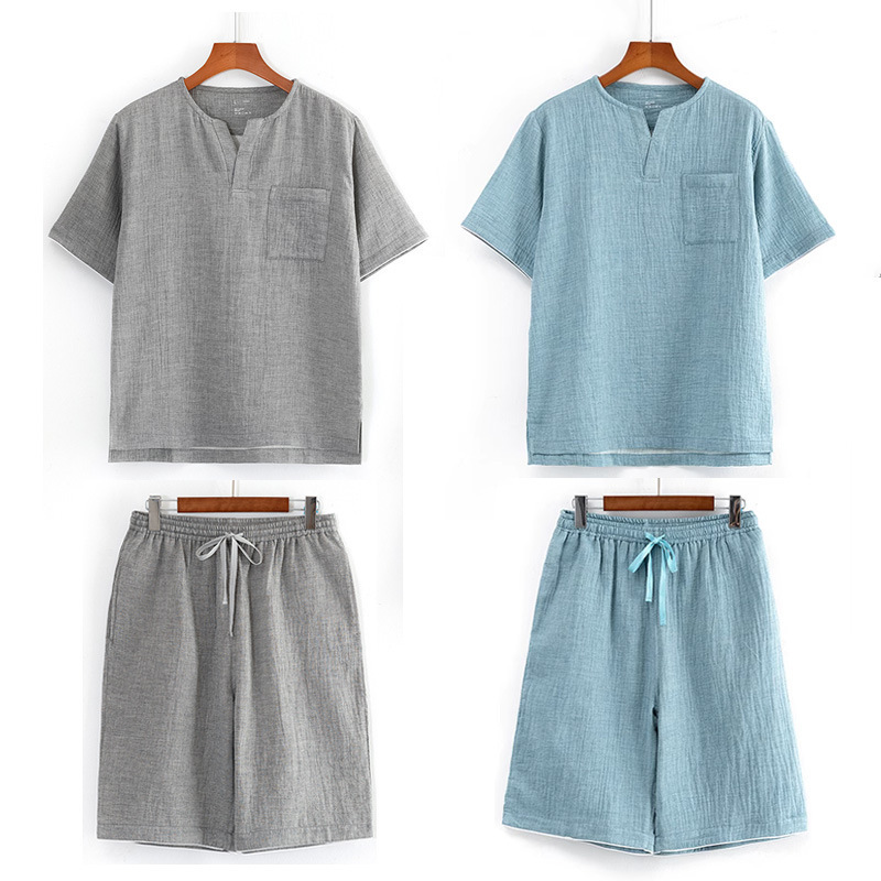MUJI Japanese-style Nightwear Men's All Cotton Crepe Short-sleeved Shorts Cotton Double-layer Yarn Woven Home Wear for Outer Wear