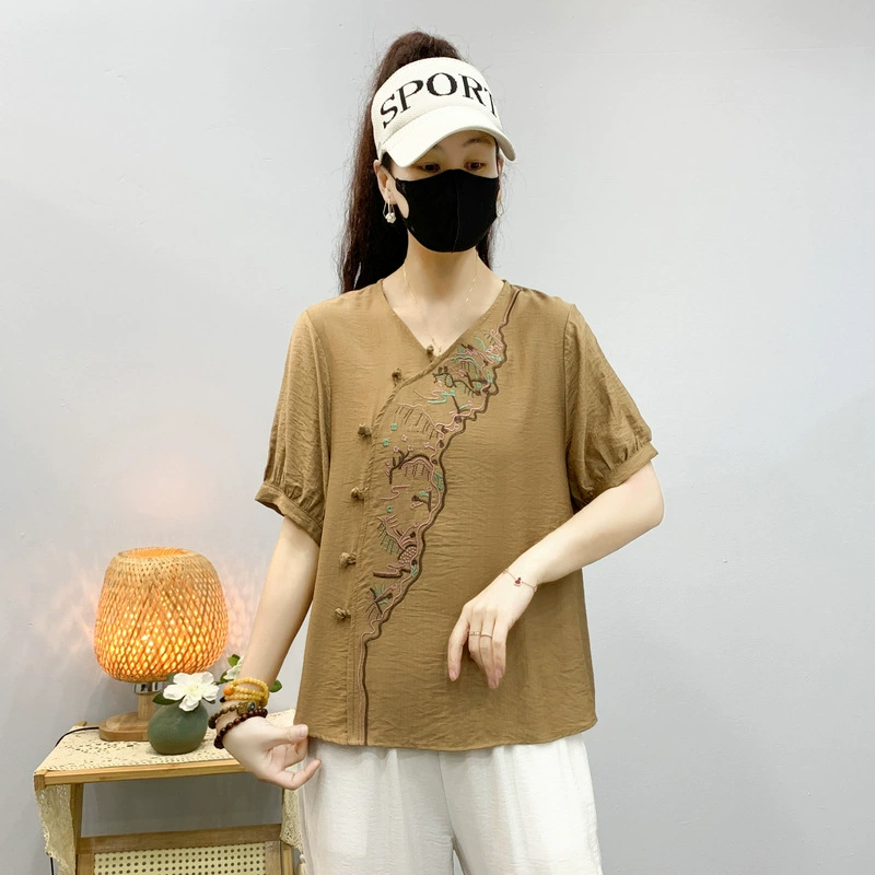 Новая рубашка в китайском стиле с v-образным вырезом и асимметричной планкой на пуговицах, летнее хлопковое льняное платье для мам с вышивкой, женский короткий топ Hanfu
