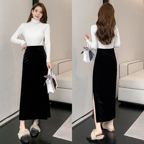 New Velvet Half-Body Skirt Spring and Autumn New Side Slit Skirt High-Waisted French Retro Slimming Bustle One-Step Skirt