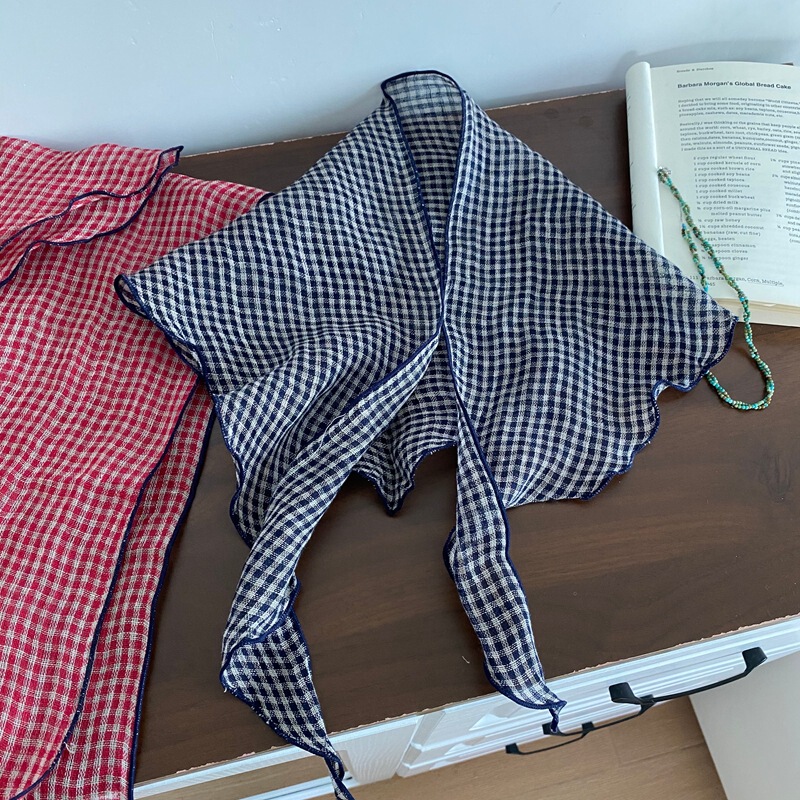女性用フルリネン三角スカーフ、レトロチェック柄シルクスカーフ、芸術的で多用途な小さなスカーフ、小さなショール、装飾スカーフ、ベルト|undefined