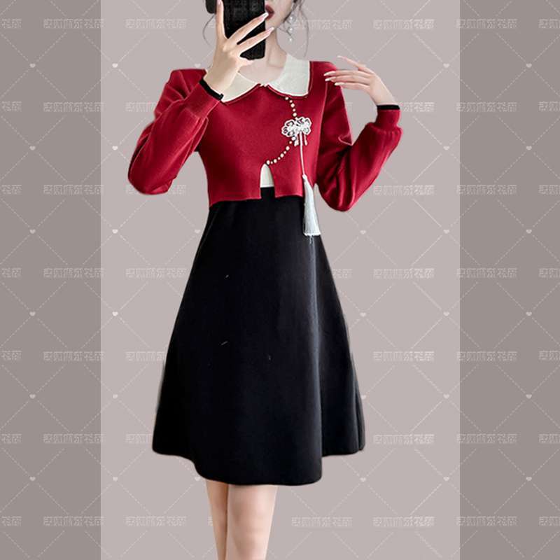 Korean Little Chanel Style Christmas Engagement Homecoming Toast Red Socialite High-End Faux Two-Piece Knitted Sweater Dress Korean Little Chanel Style Christmas Engagement Homecoming Toast Red Socialite High-End Faux Two-Piece Knitted Sweater Dress