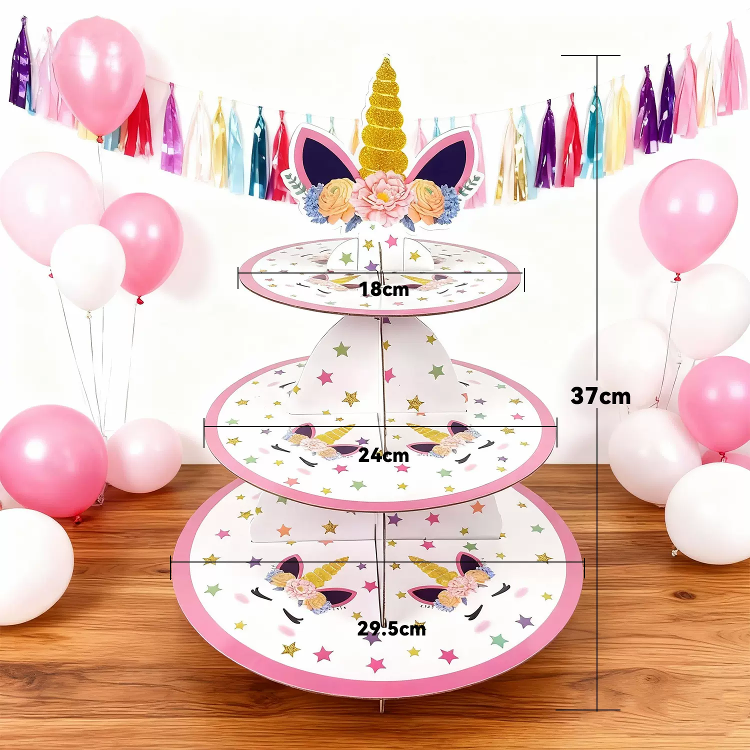 新款跨境独角兽主题三层纸质蛋糕架生日蛋糕点心甜点摆件派对装饰