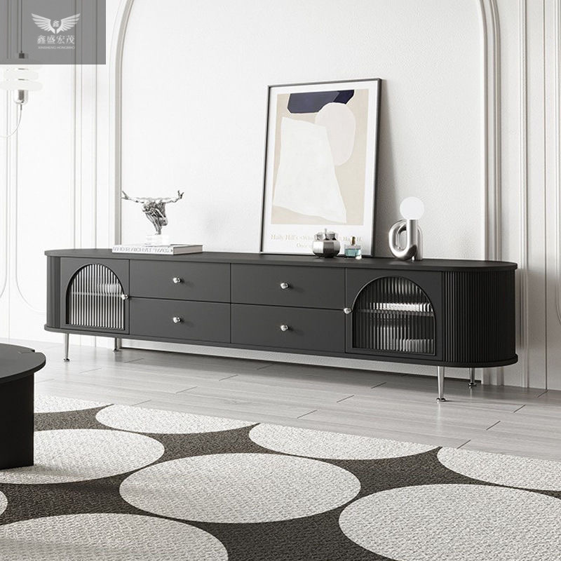 Mueble de TV de madera maciza estilo francés de mediados de siglo, mueble de TV moderno minimalista de lujo ligero en color negro para sala de estar, mueble de TV estilo crema, nuevo modelo de mueble de suelo.