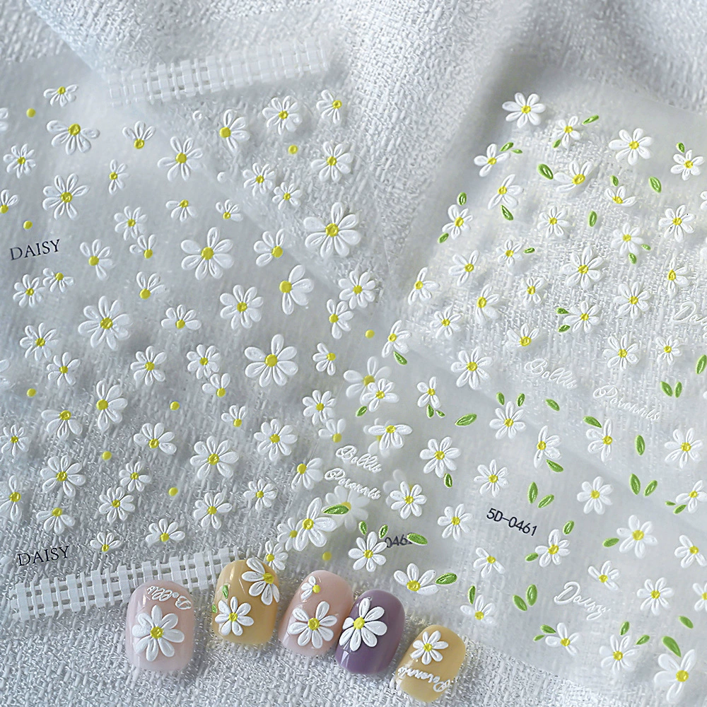 Сладкие и свежие весенние наклейки для дизайна ногтей с ромашками, тисненые стерео наклейки для дизайна ногтей, девчачий элегантный стиль, украшение для ногтей