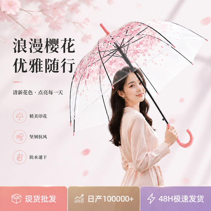 Transparent arched umbrella, straight handle, long handle, gift umbrella, atmospheric umbrella, colorful cherry blossom princess umbrella, student wholesale, in stock Transparent arched umbrella, straight handle, long handle, gift umbrella, atmospheric umbrella, colorful cherry blossom princess umbrella, student wholesale, in stock