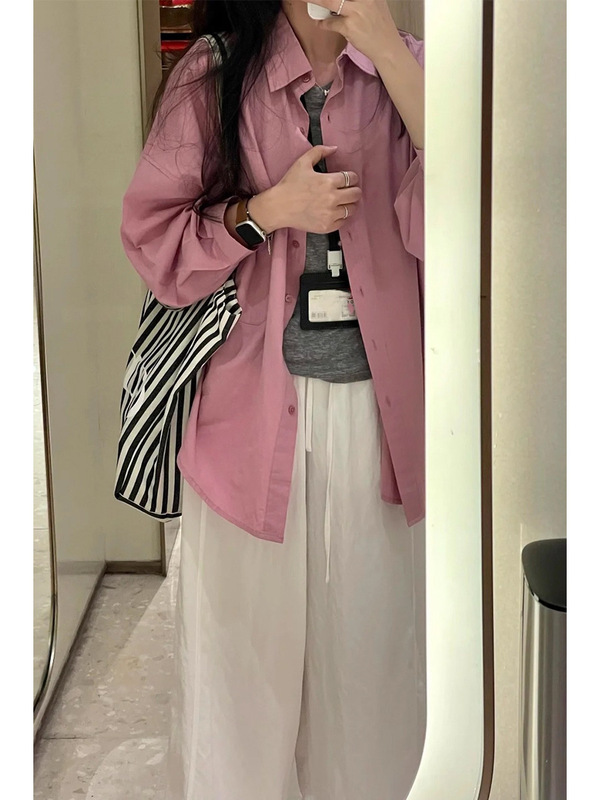 韩系树莓粉长袖衬衫女早秋新款薄款慵懒宽松休闲衬衣外套|undefined