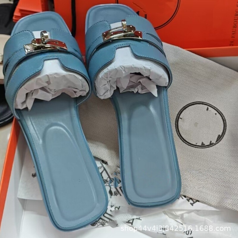 Cross-Border High-End Version H Brand Flat Slippers for Women, Made of Sheepskin, Fully Enclosed with Buckle, Suitable for Outdoor Wear, One-Strap Design, Comfortable, Odor-Resistant