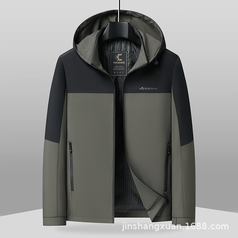 Cross-Border In-Stock Men's Jacket, Windproof Outdoor Softshell Jacket, Color-Blocking Casual Hooded Softshell Top