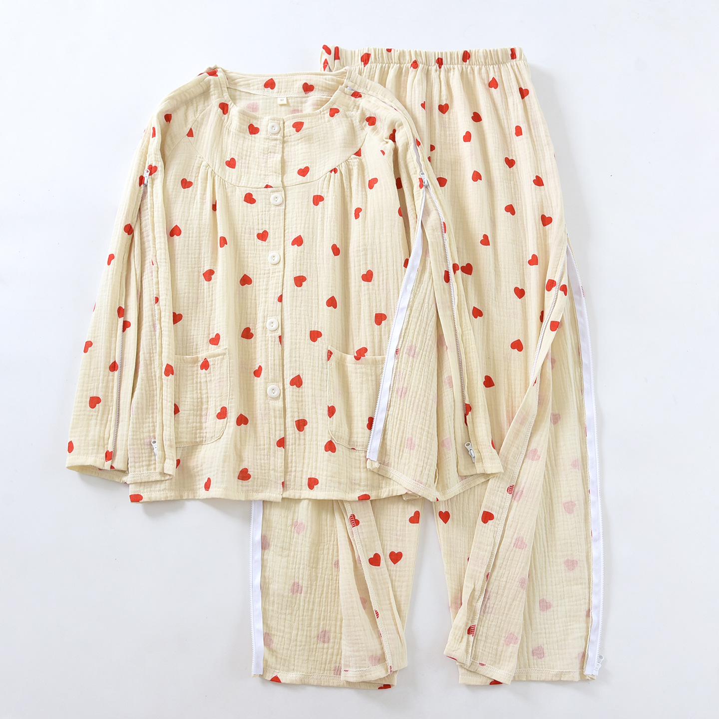 여성용 노란색 하트 크레이프 간호복 얇은 롱 세트