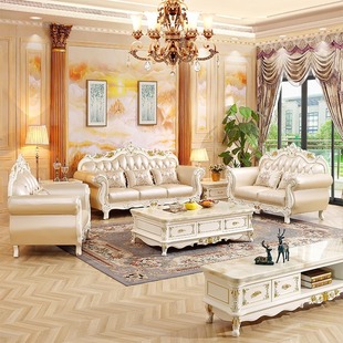 European Leather Combination Leather Art Sofa Ivory White U-Shaped Living Room Solid Wood Carved Sofa Luxury French 123 Sofa