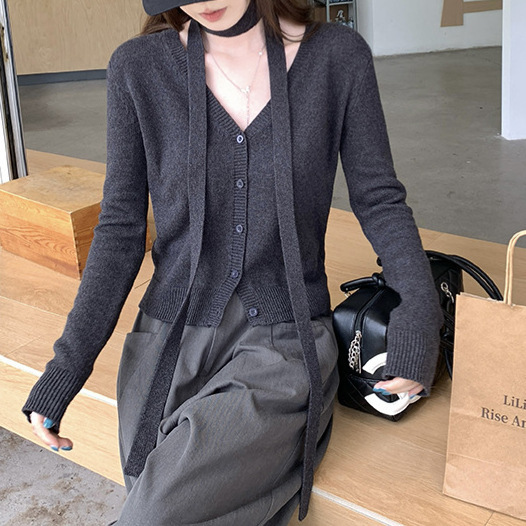 挂脖针织开衫女秋季飘带V领显瘦高级小众长袖毛衣外套|undefined