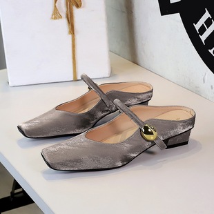 1062-1 European and American Shallow Half Slippers for Women, Thick Heel, Low Heel, Square Toe Mary Jane Shoes, Elegant One-Strap Women's Shoes