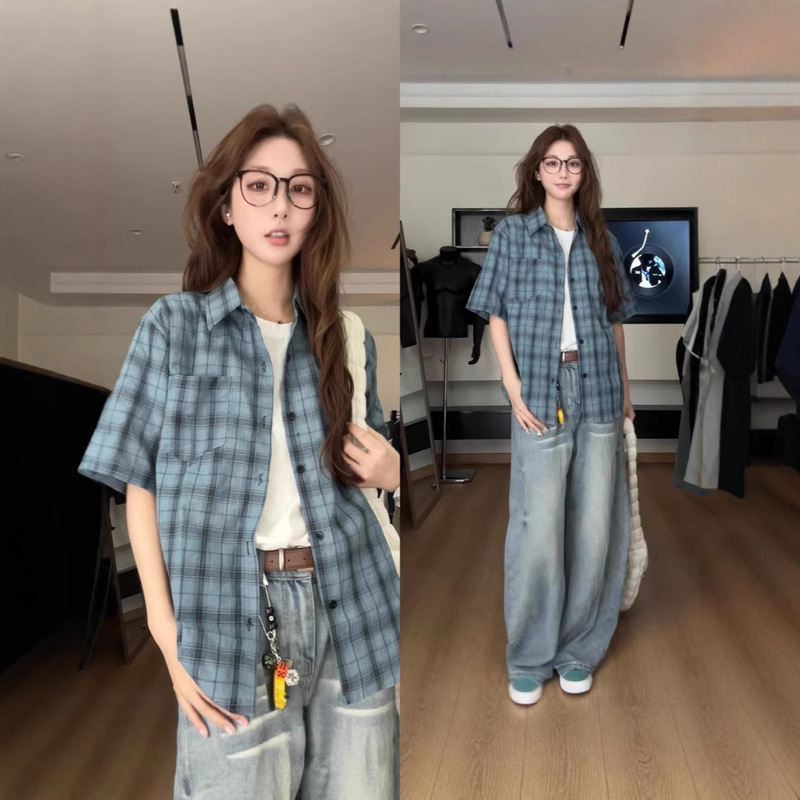 American Retro Plaid Short-Sleeved Shirt for Women Summer Thin Casual Lazy Style Shirt Cardigan Short-Sleeved Couple Shirt