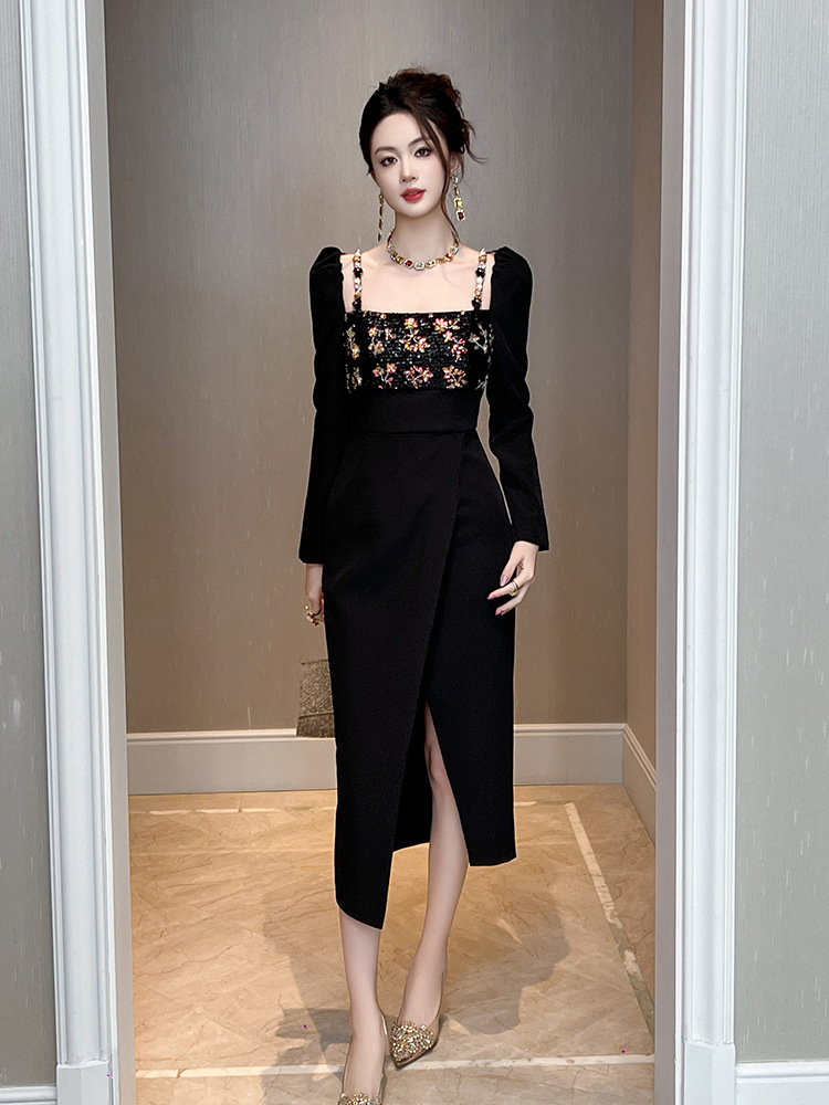 Đầm ôm body nữ cổ vuông đính sequin xẻ tà bất đối xứng thiết kế Pháp — Màu đen