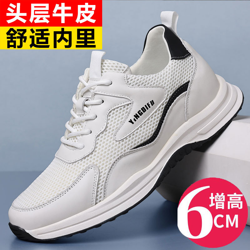 소 가죽의 첫 번째 레이어 6cm 증가 작은 흰색 신발 남성 여름 메쉬 운동화 8cm 보이지 않는 증가 된 흰색 캐주얼 신발