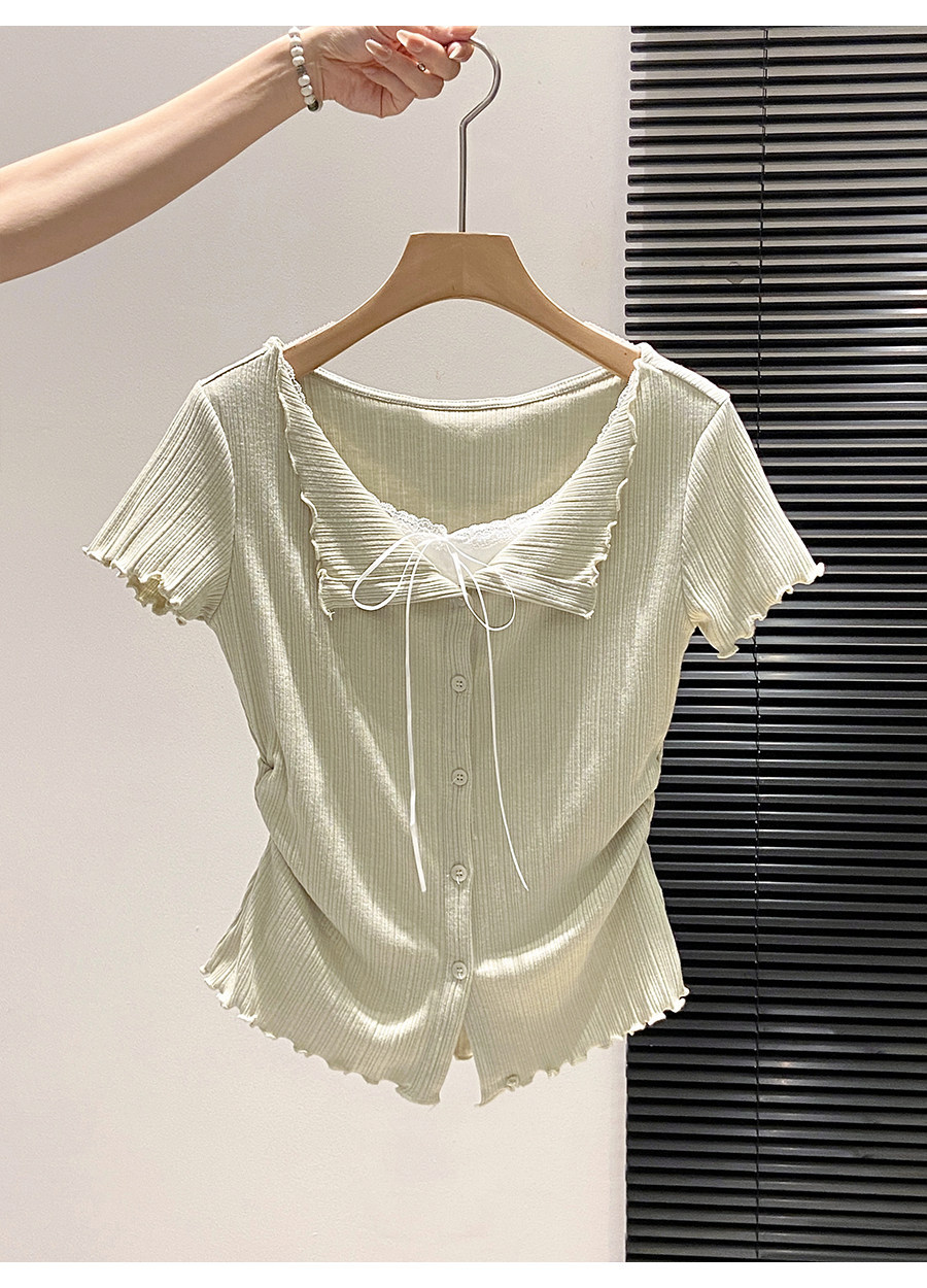 Áo thun nữ tay ngắn cổ tròn phối nơ ren giả hai lớp phong cách Hàn Quốc — màu trắng chi tiết 8