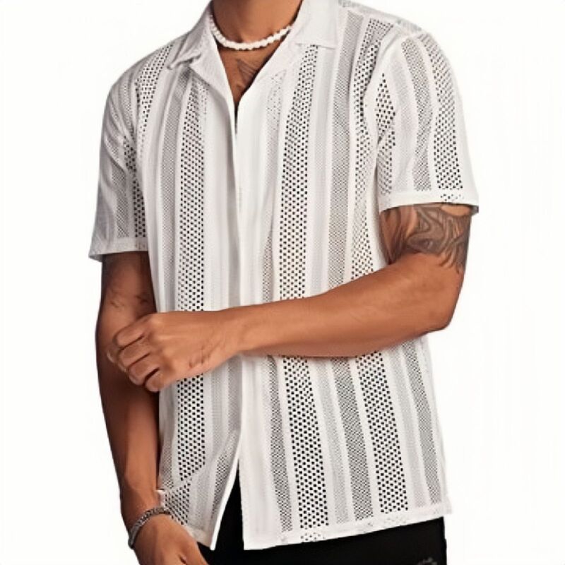 Ready Stock Men's Shirts European and American Street Casual Button Knitted Short-Sleeved Shirts Tops Men's Shirts Hollow