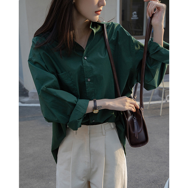 Dark Green Shirt for Women 2025 Spring New Loose Design Long-Sleeved Top Fashionable Versatile Professional Cotton Shirt
