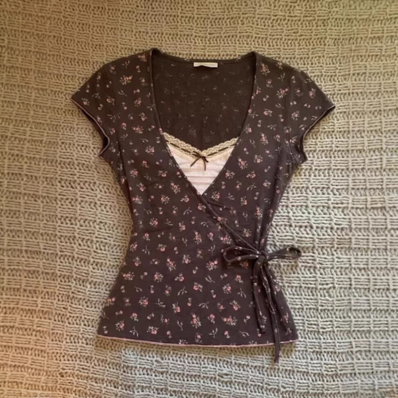 [260g Rayon Modal] Hot Girl V-Neck Floral Short-Sleeved T-Shirt for Women, New Summer Style Pure Desire Tie-Up Top