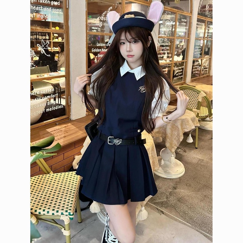 两件/套装学院风甜美设计感高腰百褶无袖连衣裙子女学生+白色衬衫|undefined