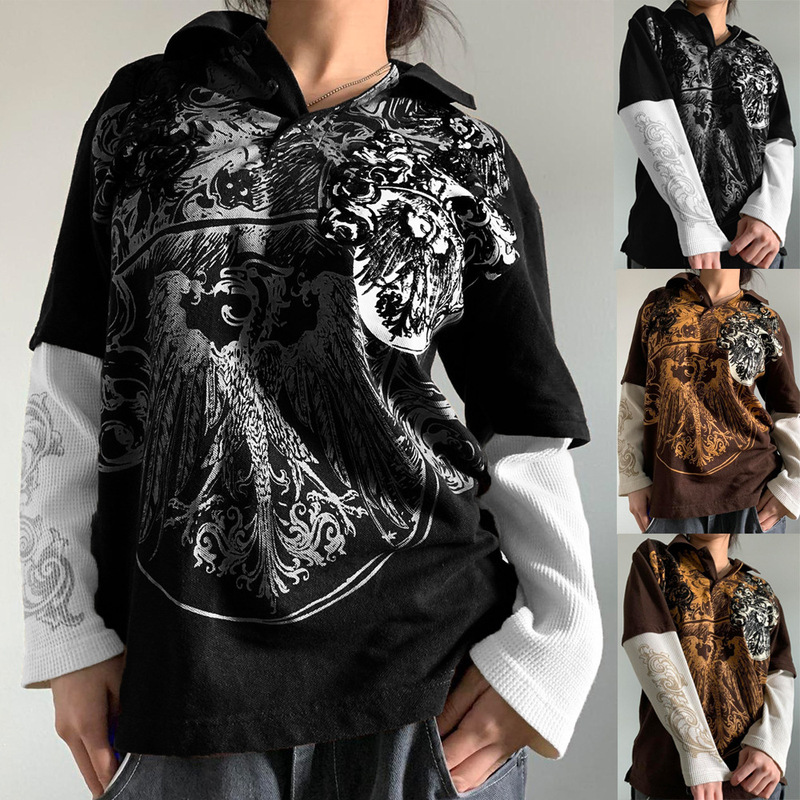 Cross-Border Export Hot-Selling Street Fashion European and American Style Printed Women's Loose Tops Fake Two-Piece Polo Shirts Su3574 Cross-Border Export Hot-Selling Street Fashion European and American Style Printed Women's Loose Tops Fake Two-Piece Polo Shirts Su3574