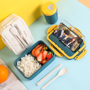1500ML Wheat Straw Student Lunch Box Microwave Japanese-style Insulated Lunch Box Plastic Square Fast Food Box