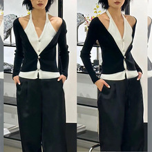 小个子露肩撞色假两件针织开衫外套女薄款早秋长袖气质设计通勤风