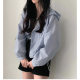 South Korea Chic Early Autumn Fashion Elegant Vertical Stripe Contrast Color Hooded Buckle Loose Casual All-match Short Coat for Women