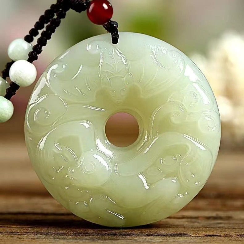 Mặt dây chuyền ngọc bích Hetian hình khóa an toàn 12 con giáp, dây chuyền ngọc tự nhiên cao cấp chi tiết 17