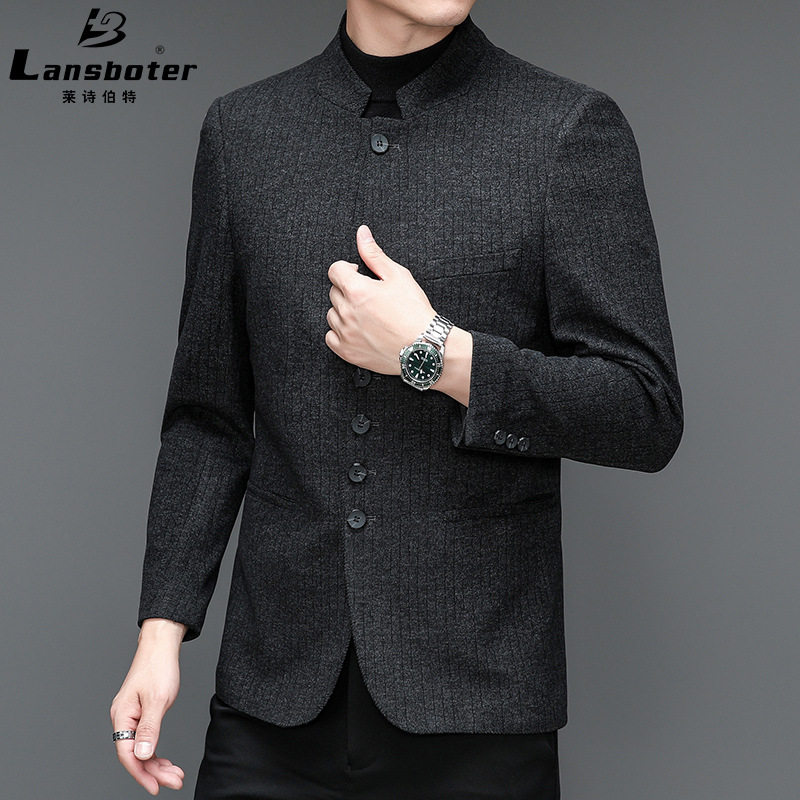 Bộ vest nam cổ đứng dáng ôm co giãn, áo khoác vest công sở tay dài — Màu đen