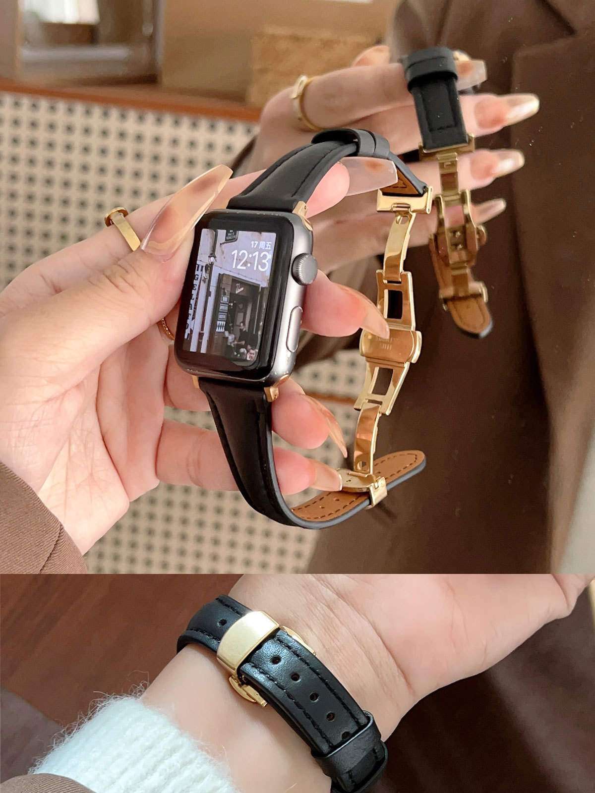 Nueva pequeña cintura adecuada para Apple Watch 8 Correa mariposa hebilla cuero fino watch765432 generación se