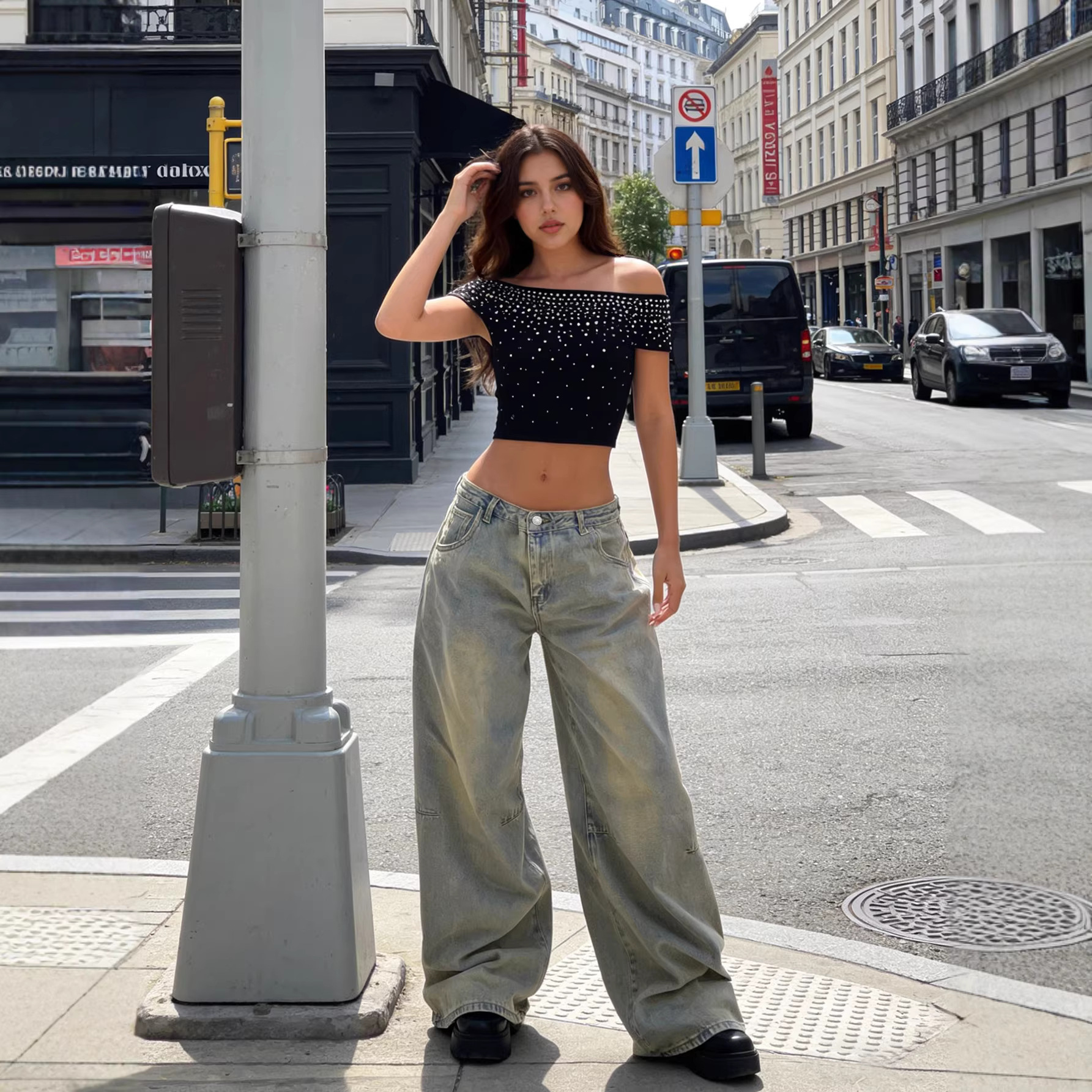 Women's Clothing Vintage Washed Wide Leg Jeans, Distressed Street Style, Loose Straight Leg Denim Jeans For Women, Commuting, Wide Leg Trousers_mkmklike.com