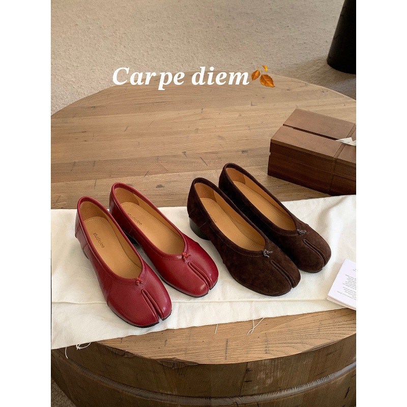 Sheepskin ~ Grape Ma Same Style 4cm Genuine Leather Pig Trotter High Heels Women's Pleated Ballet Pumps Thick Heel Split Toe Shoes
