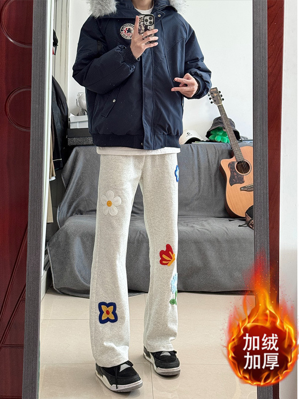 Floral Embroidered Scimitar Sweatpants Men's Winter Cleanfit Fleece-Lined Straight Casual Pants American High Street Sports Pants