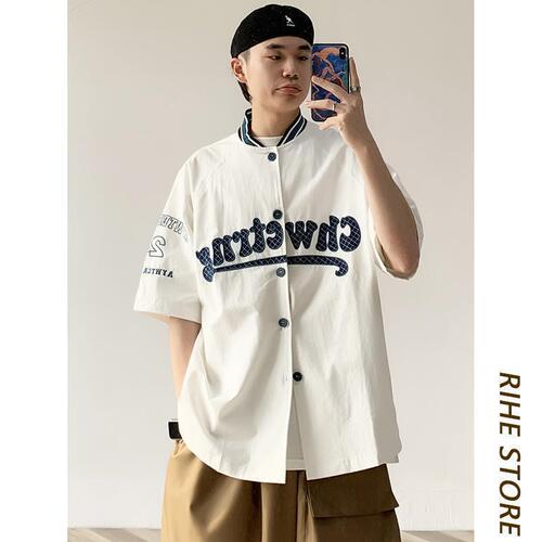 Workwear Shirt Hip-Hop T Summer Loose American Baseball Collar Ins Couple Fashion Brand Men Women BF Five-Button Short Sleeve Top