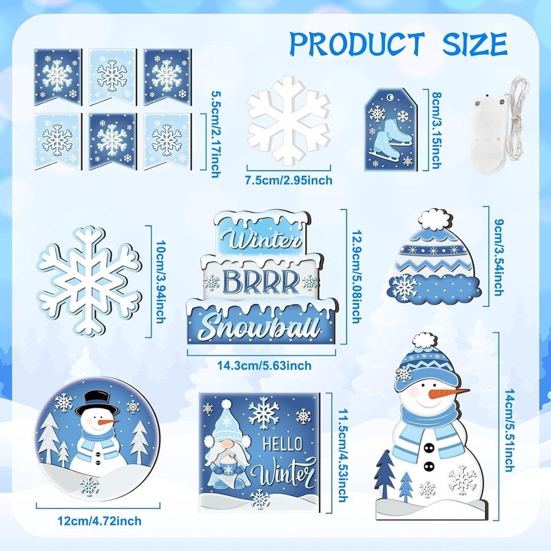 15ピース冬レイヤードパレット装饰雪だるまスノーフレークブルーシンプル农舎木看板テーブルセンター装饰|undefined