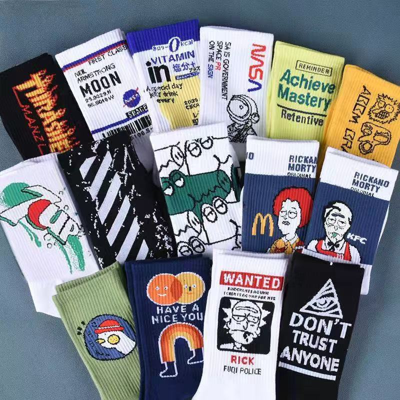 Trendy Socks European and American Style Mid-Calf Socks Cartoon Knitted Cotton Socks Adult Trendy Men's Socks Ins Trendy Brand Calf Socks Trendy