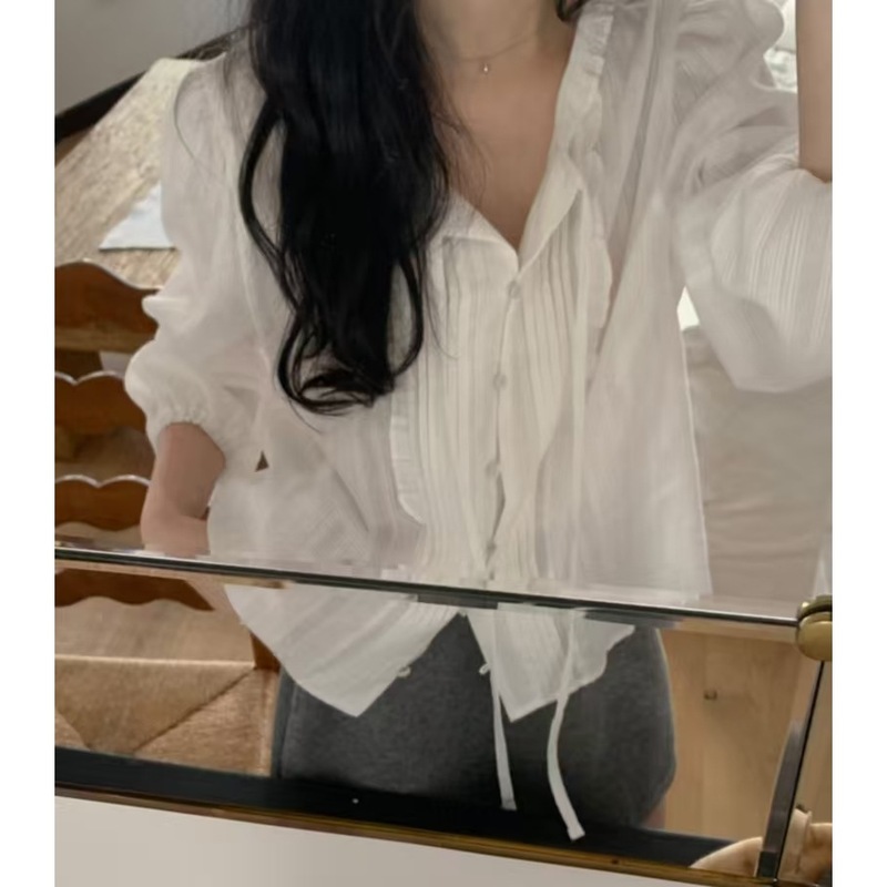 韩国ins甜美小花边领飘带压褶系扣长袖衬衫女气质通勤百搭上衣|undefined