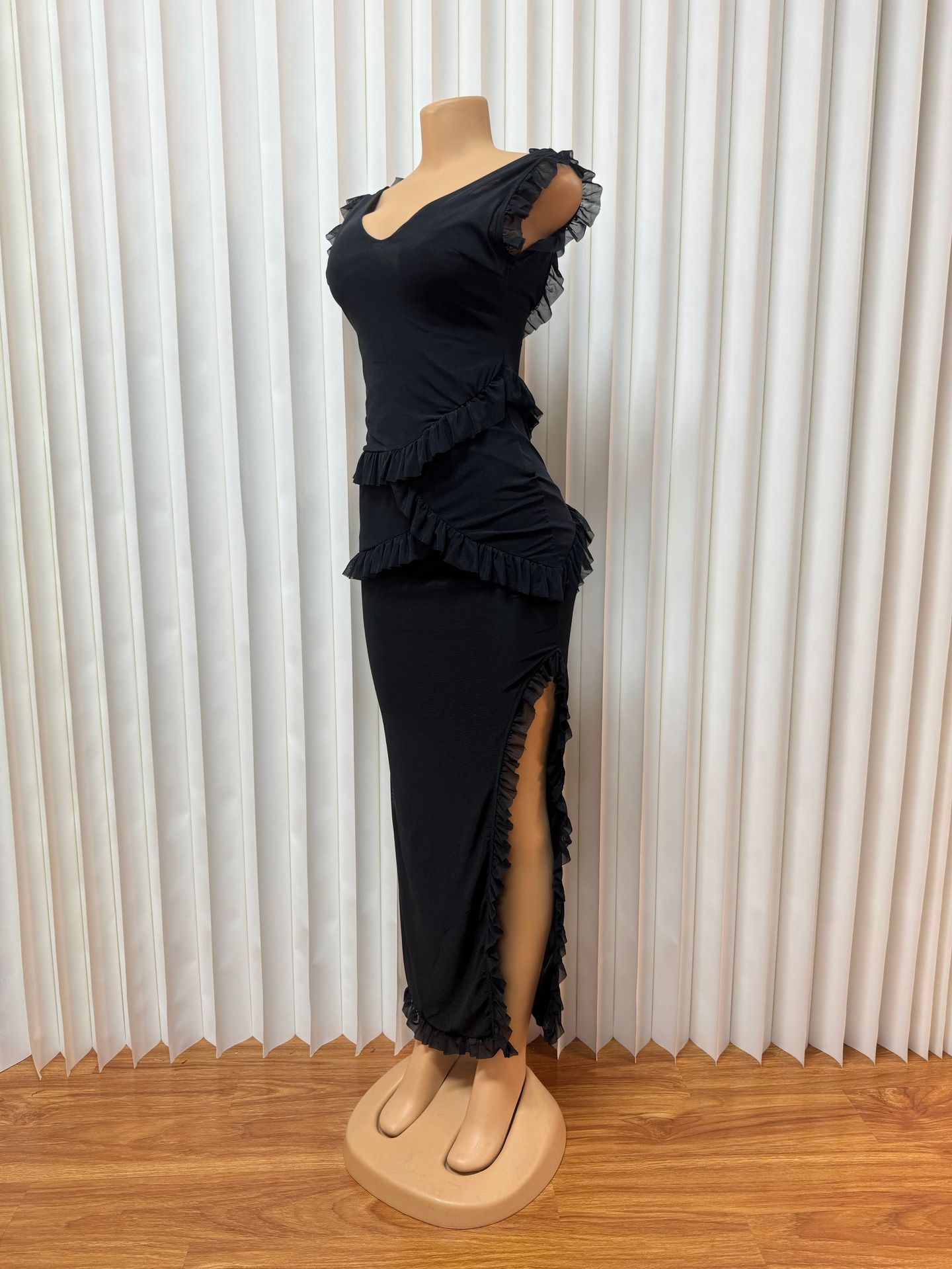 Sexy Ruffled Patchwork Dress Style Backless Slit Solid Color Fashion Elegant Women's Clothing_ecoleips.com