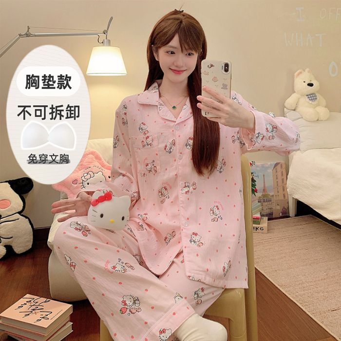 Al por mayor transfronterizo de otoño pantalones de manga larga pijamas casuales de mujer con cojín de pecho cardigan cómodo algodón nubes ropa para el hogar encantadora
