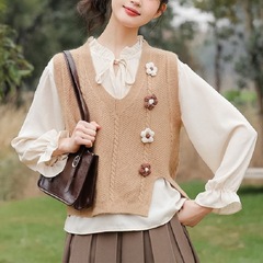 秋冬新作文芸レトロvネックオープンフォーク純色立体花ゆったり外掛け重ね着ニットベストベストベストベスト