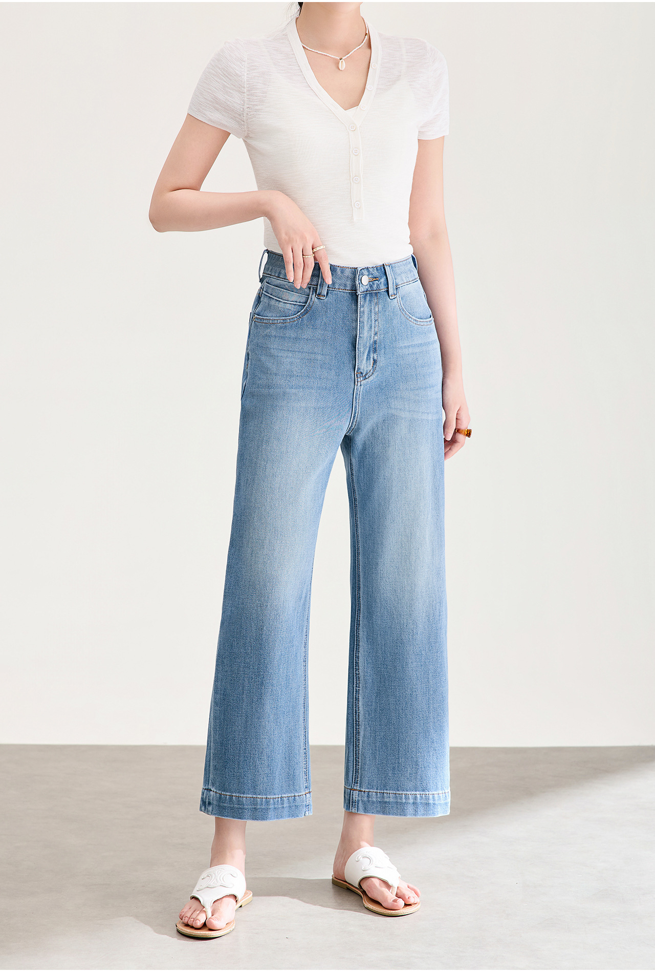 Quần jean nữ cạp cao ống rộng chất liệu cotton pha sợi co giãn mềm mại — xanh lam chi tiết 2