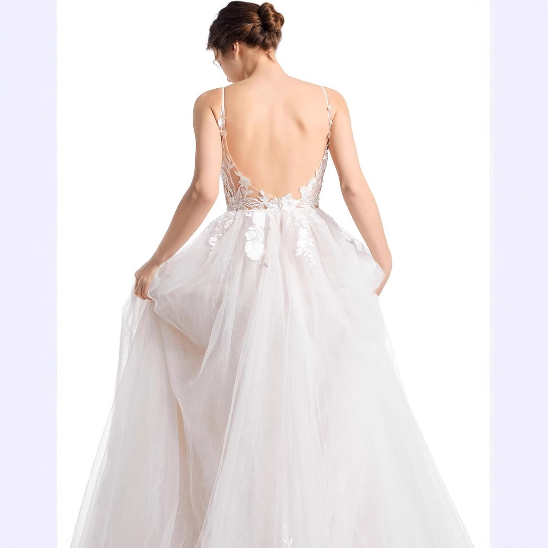 2024 sexy correa de hombro delgada de la novia de encaje comercio exterior nuevo vestido de novia decal ondas de playa de viaje de espalda descubierta vestido de novia