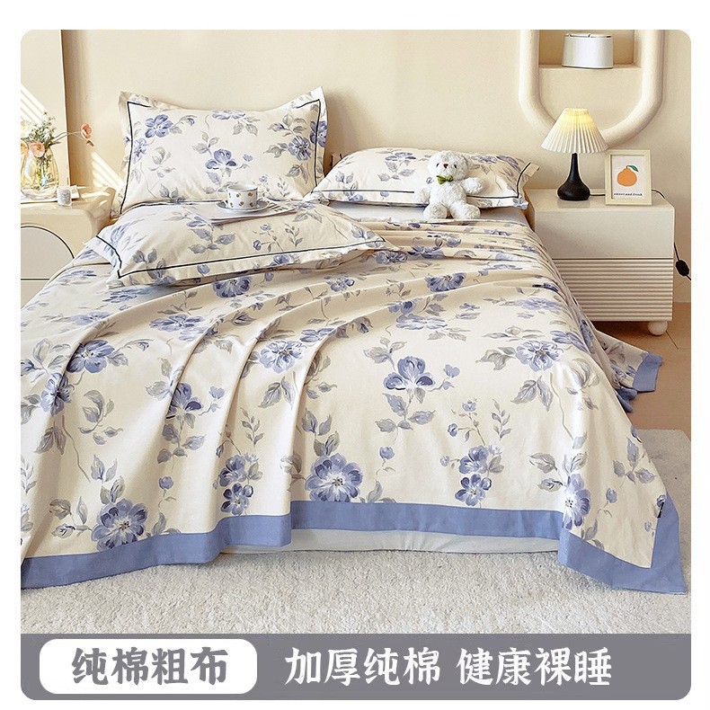 Ropa de cama de tela gruesa vieja de algodón puro, una sola pieza 2025 nueva funda de almohada de edredón impresa de verano, un solo traje de tres piezas
