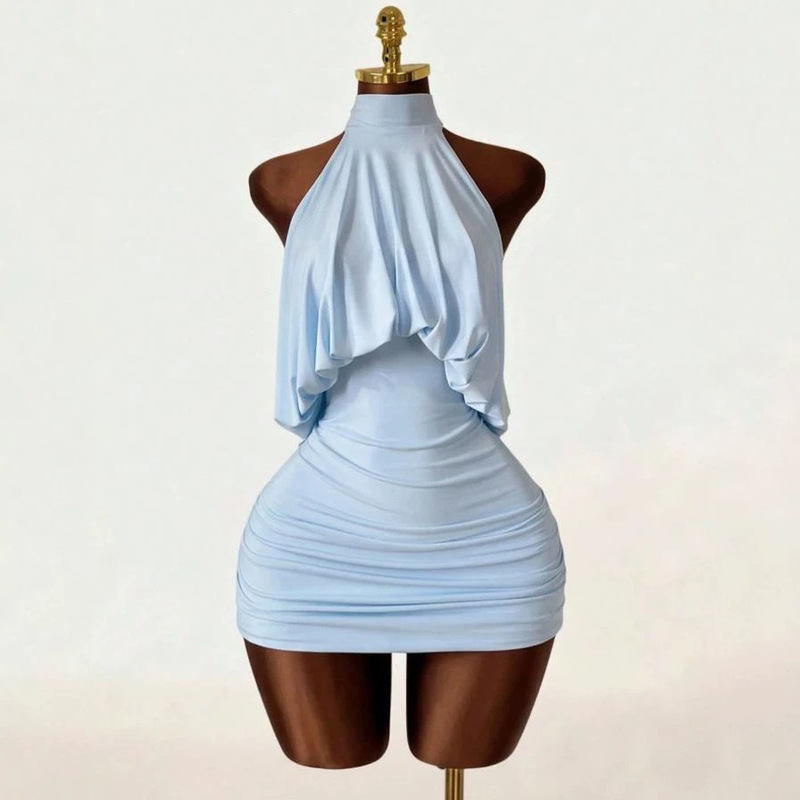 Cross-border European and American summer pleated draped backless halter neck strap dress for women, party tight-fitting mini bodycon dress Cross-border European and American summer pleated draped backless halter neck strap dress for women, party tight-fitting mini bodycon dress