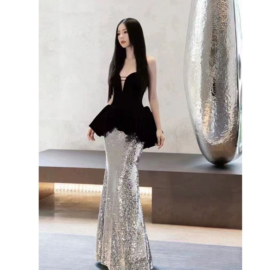 Black Evening Dress for Women 2025 New Style High-End Strapless Banquet Elegant Fishtail Dress Light Luxury Niche High-End