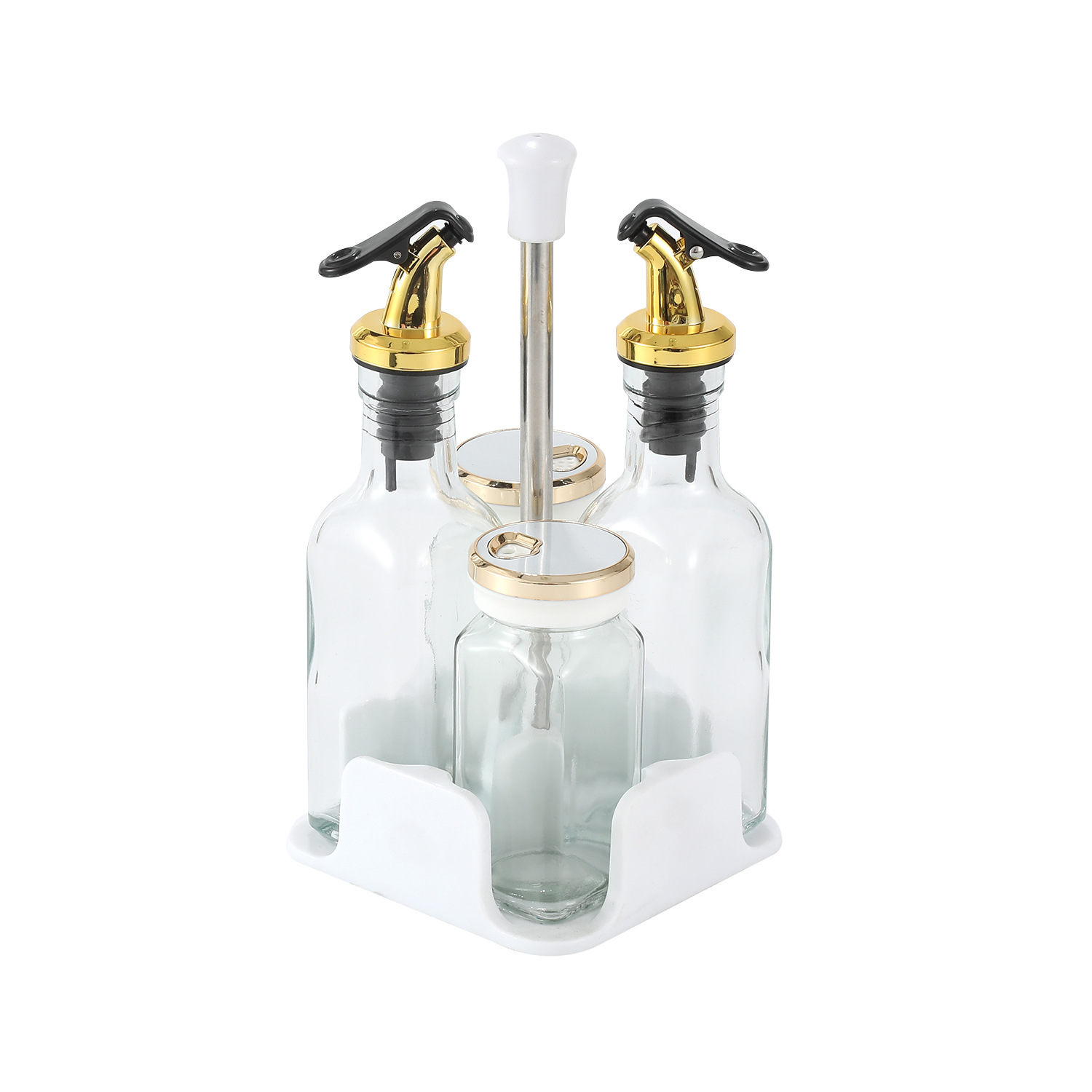 Botella cuadrada de lujo ligera de cuatro piezas Botella de condimento de vidrio de cocina Olla de aceite Tanque de sal a prueba de humedad Tarro de condimento Botella giratoria
