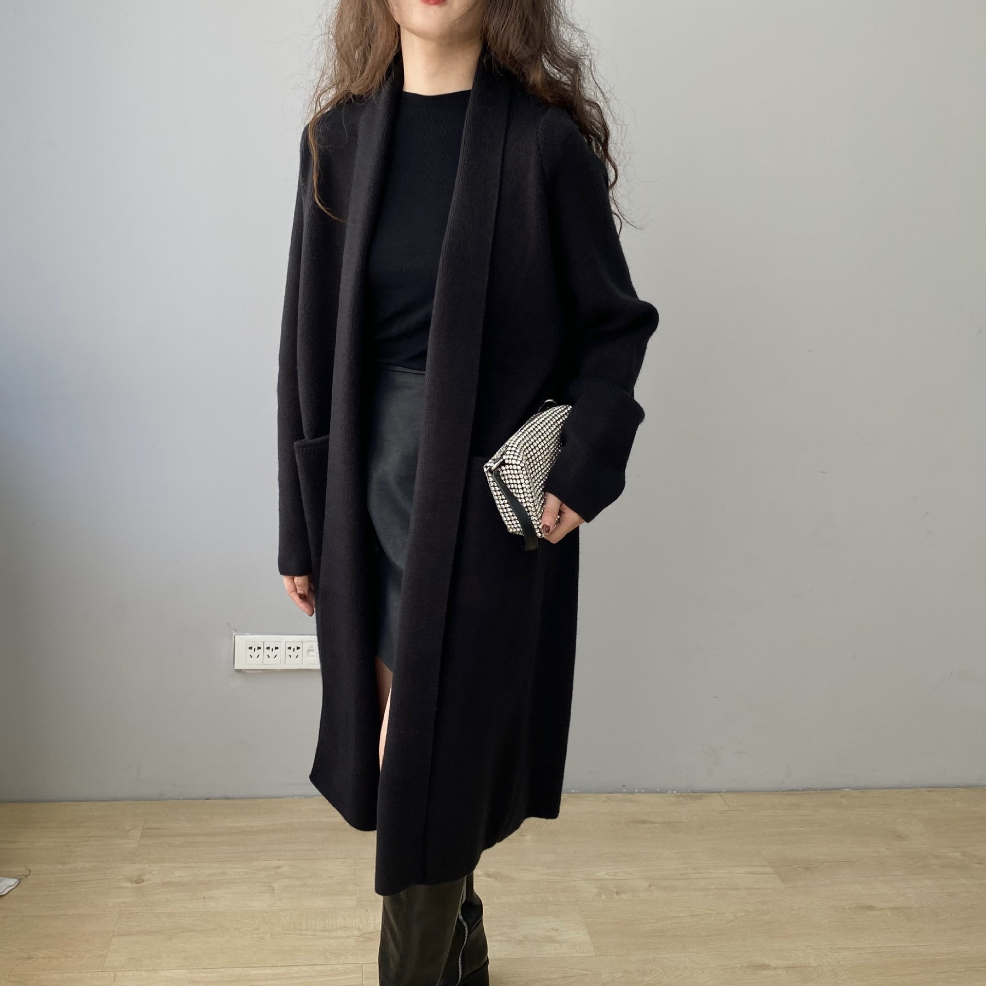 (2개) JIA ZHI?게으른 스타일 루즈 코트 라펠 통근 가디건 코트 솔리드 컬러 롱 아우터 스웨터 B7237