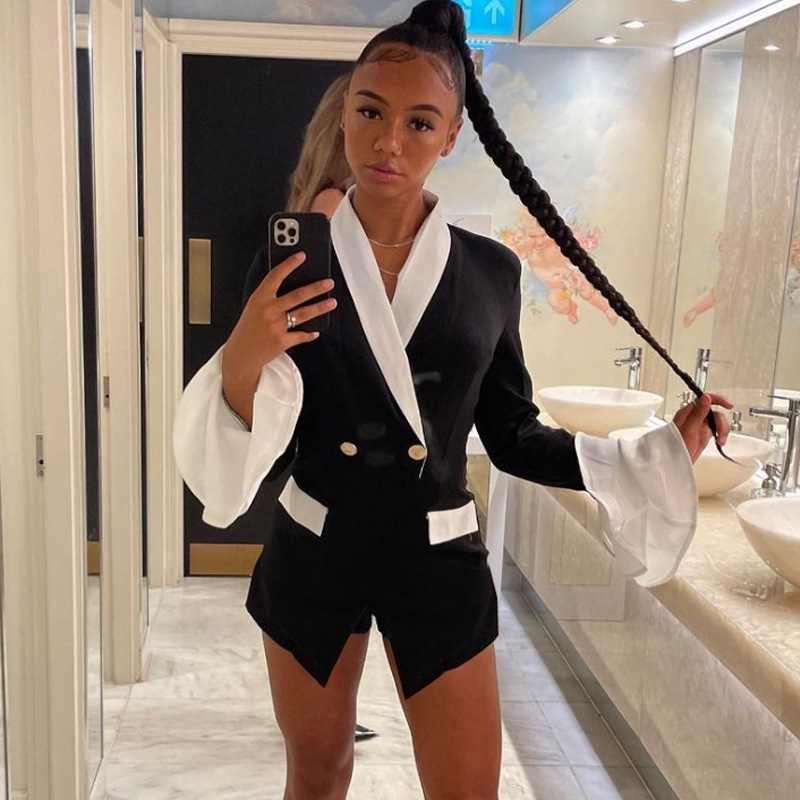 Women's Clothing autumn new black small for women solid color collar double breasted splicing flared sleeve suit jacket_voghion.com